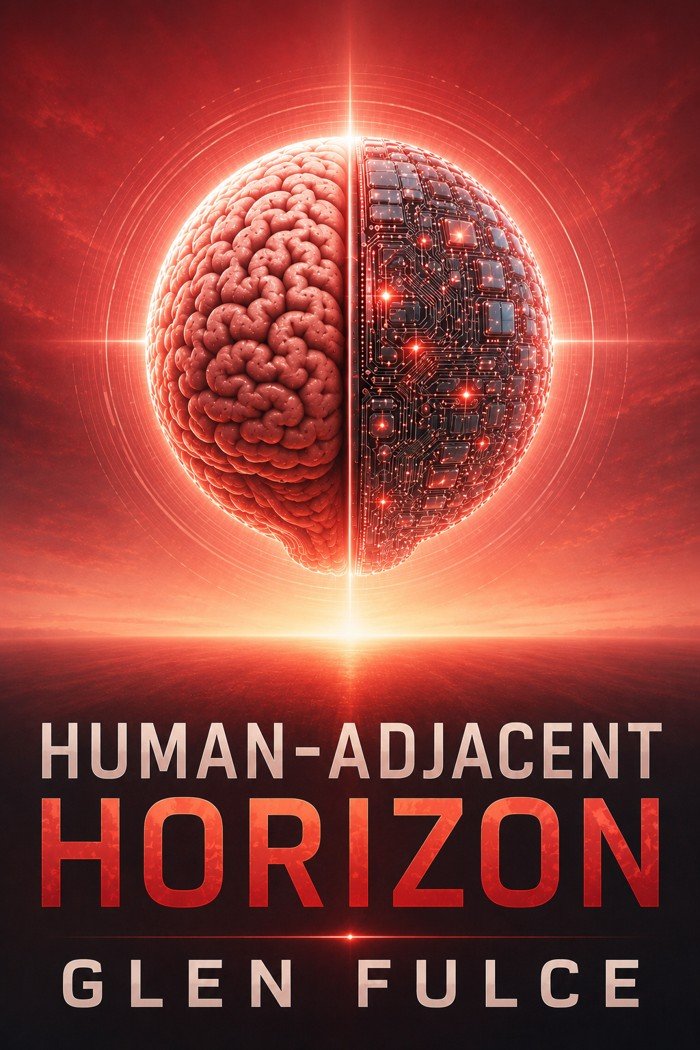 Human-Adjacent HORIZON by Glen Fulce. Red cover with a split human and electronic brain.