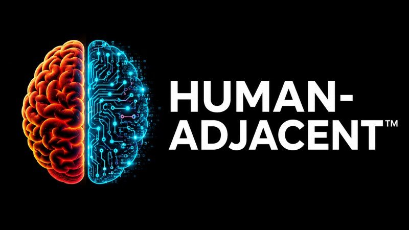 Human-Adjacent™ — orange human brain and blue circuit brain